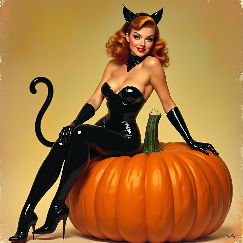 Vintage Pin-Up Girl in Cat Costume on Pumpkin
