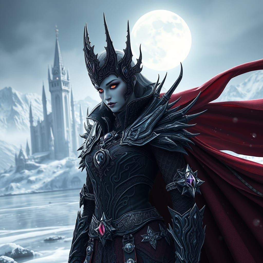 Ethereal Vampire Queen in Frosty Armor, Amidst a Frozen Cast...