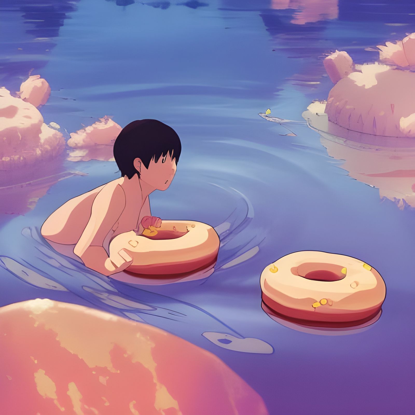 Man Swimming in Donuts: Studio Ghibli Style