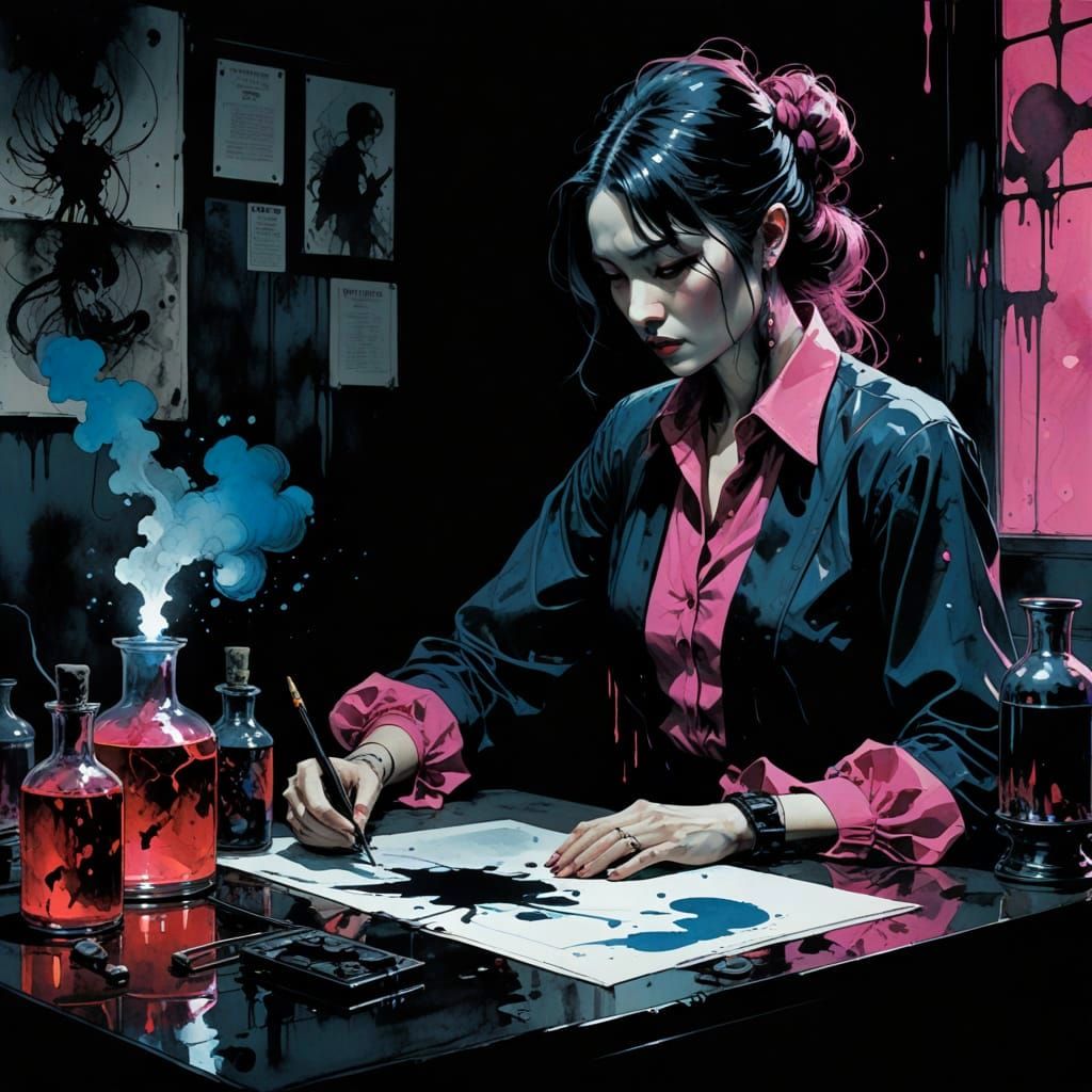 Ink Sorceress in a 1930s Lovecraftian Laboratory