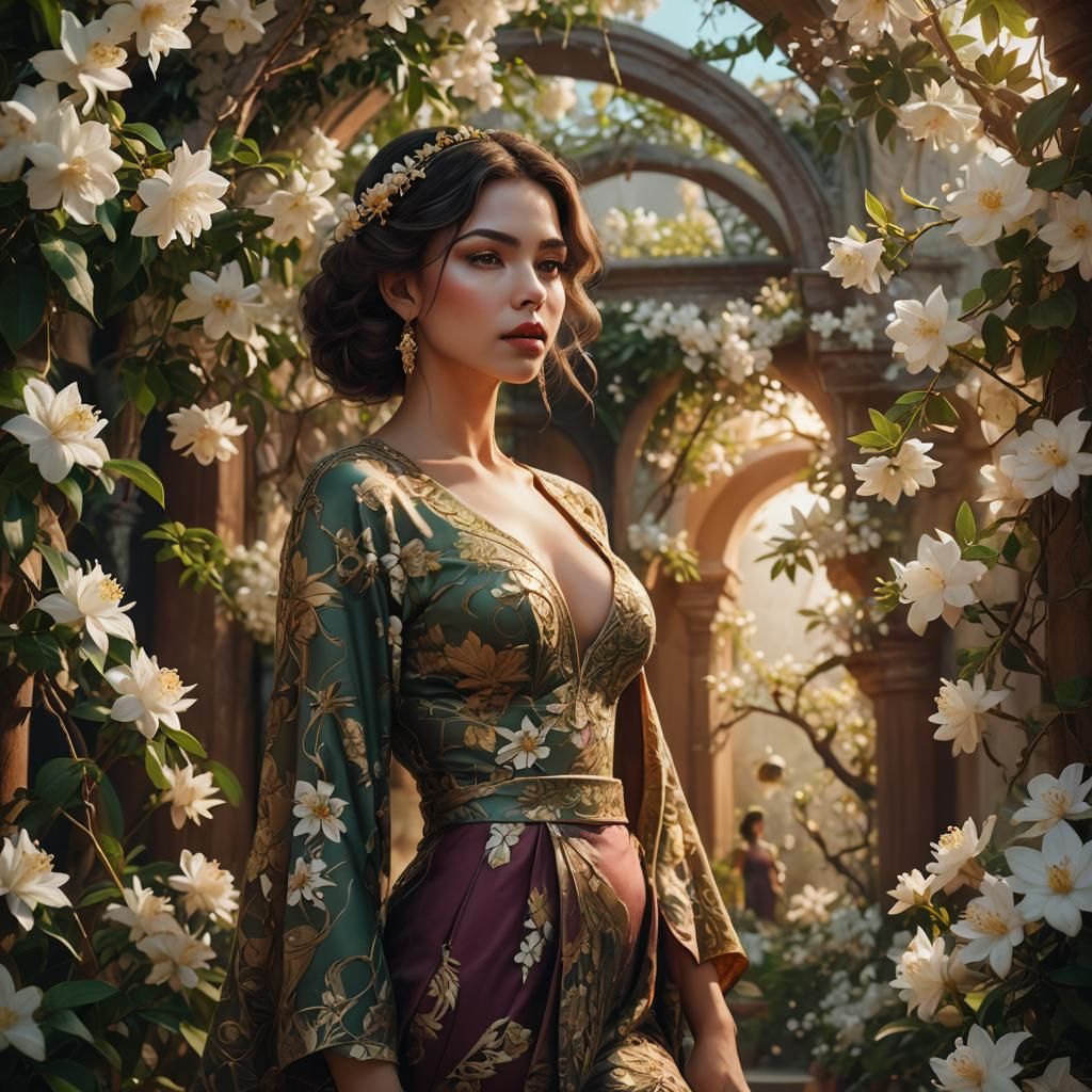 Stylish Woman Among Jasmine Flowers in Fantasy Art