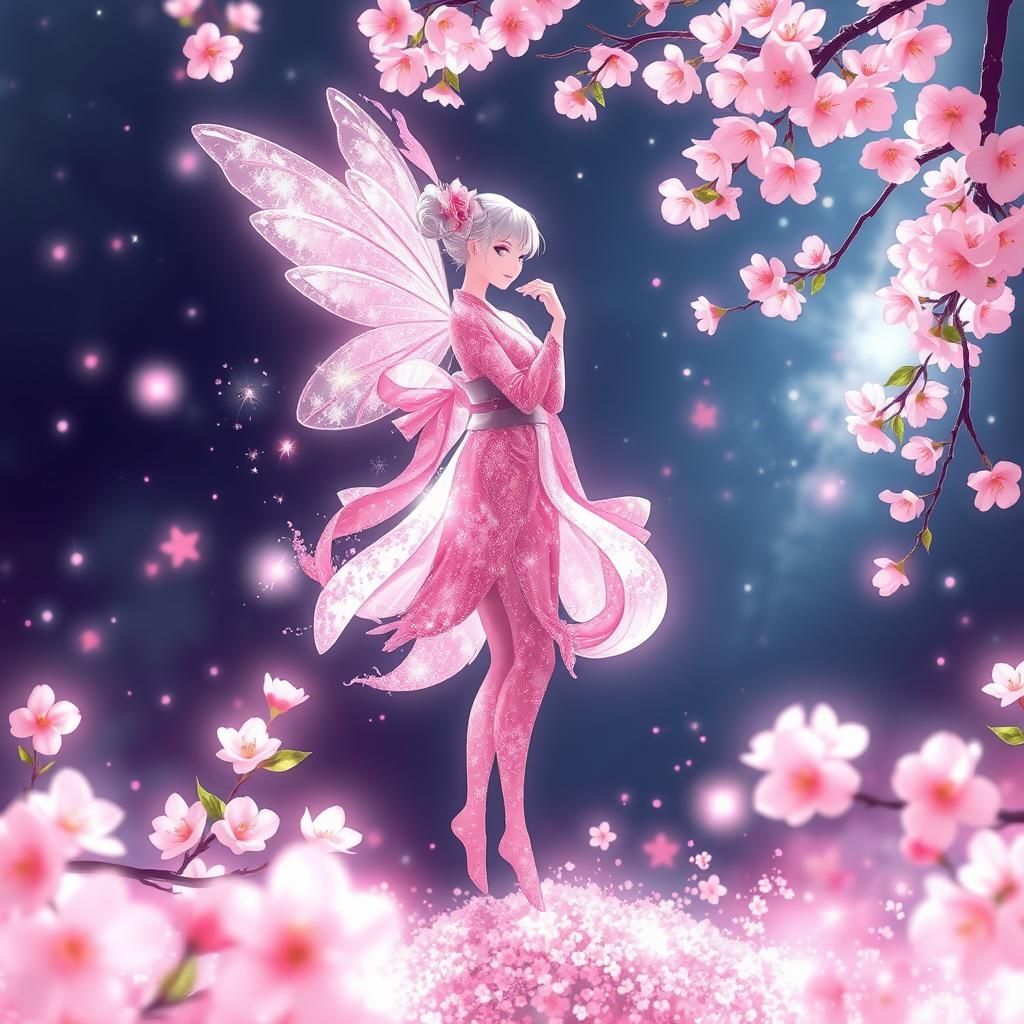 Fairy in Kimono Amid Cherry Blossoms