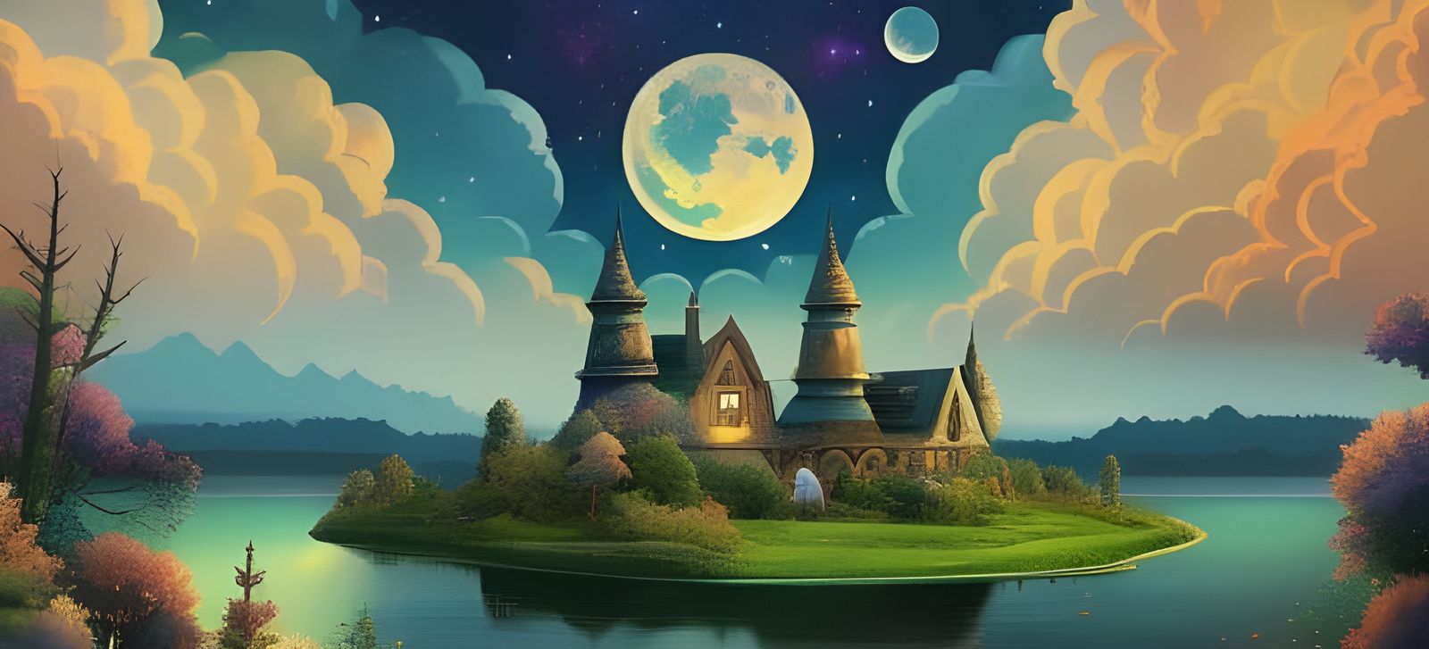 Cosmic Castle on Lake: Hyperrealistic Watercolour Photoillus...