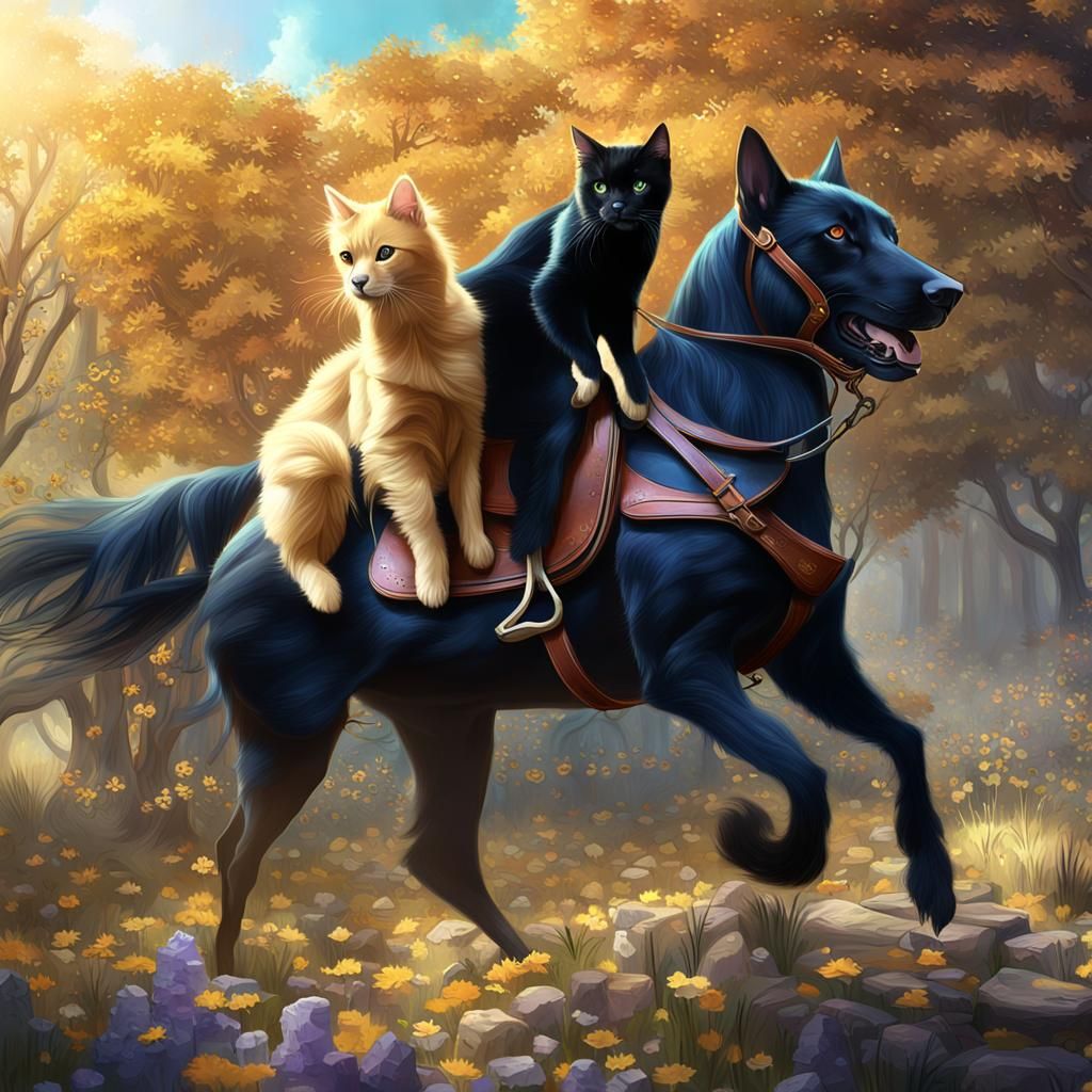 Cats riding a dog like its a horse