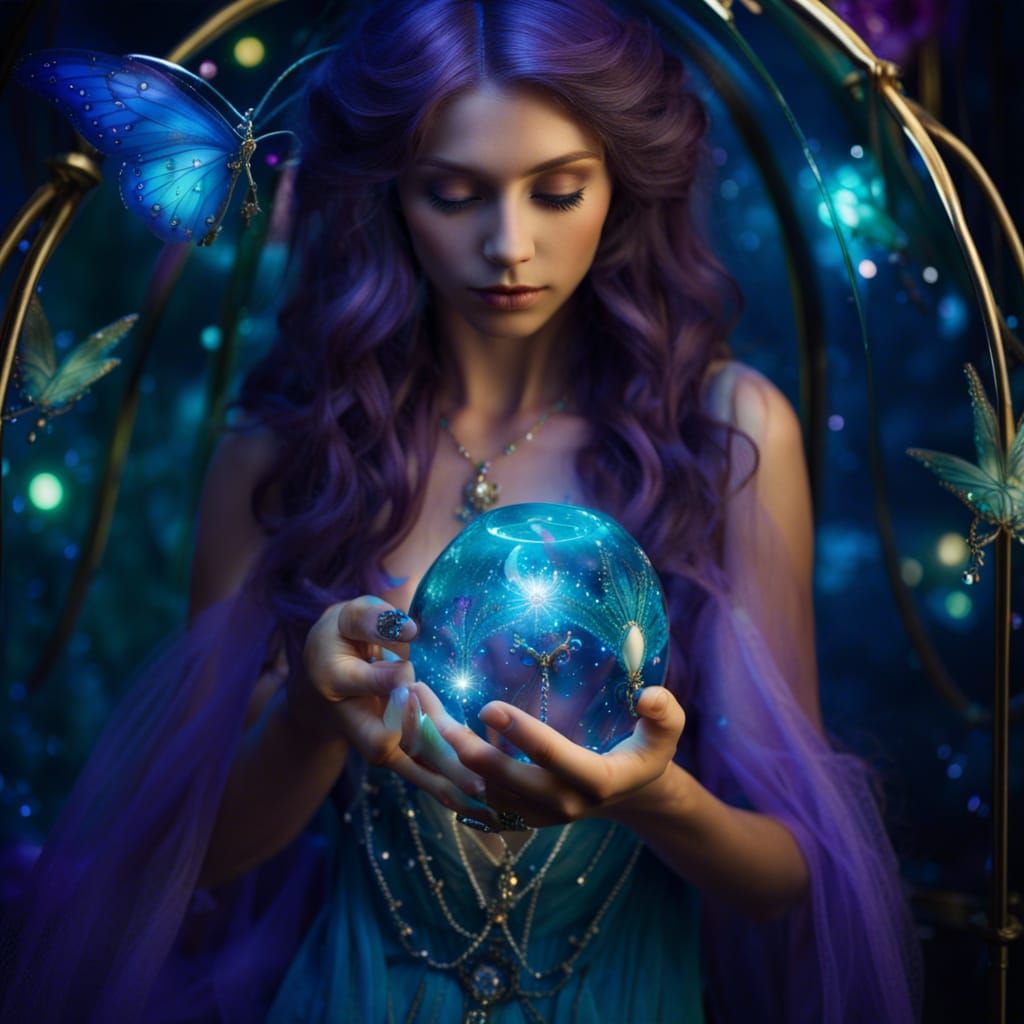 Blue and Purple Fairy in Glowing Garden Dome