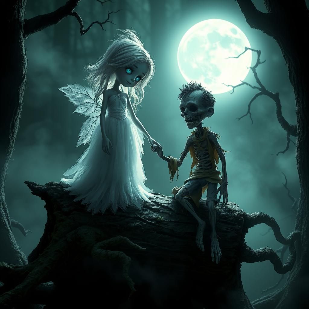 Ghost Girl and Zombie Boy in Eerie Forest