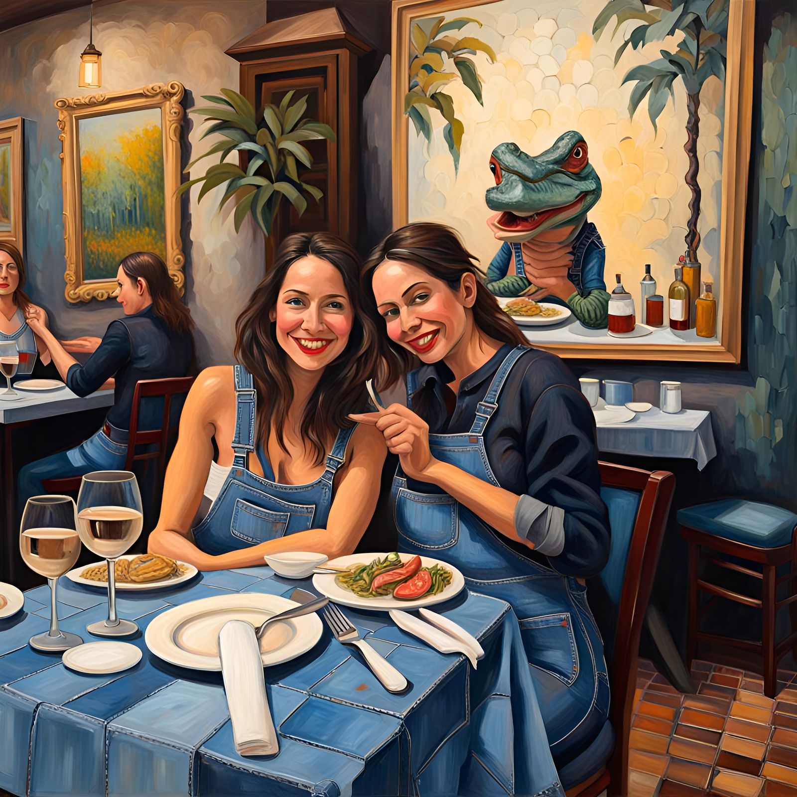 Alligator in Overalls at High-End Restaurant, Expressionist ...
