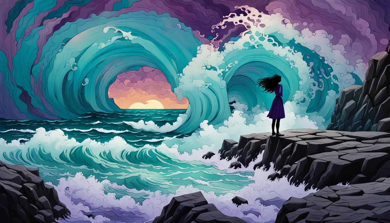 Anguished Woman Silhouetted Against Crashing Waves