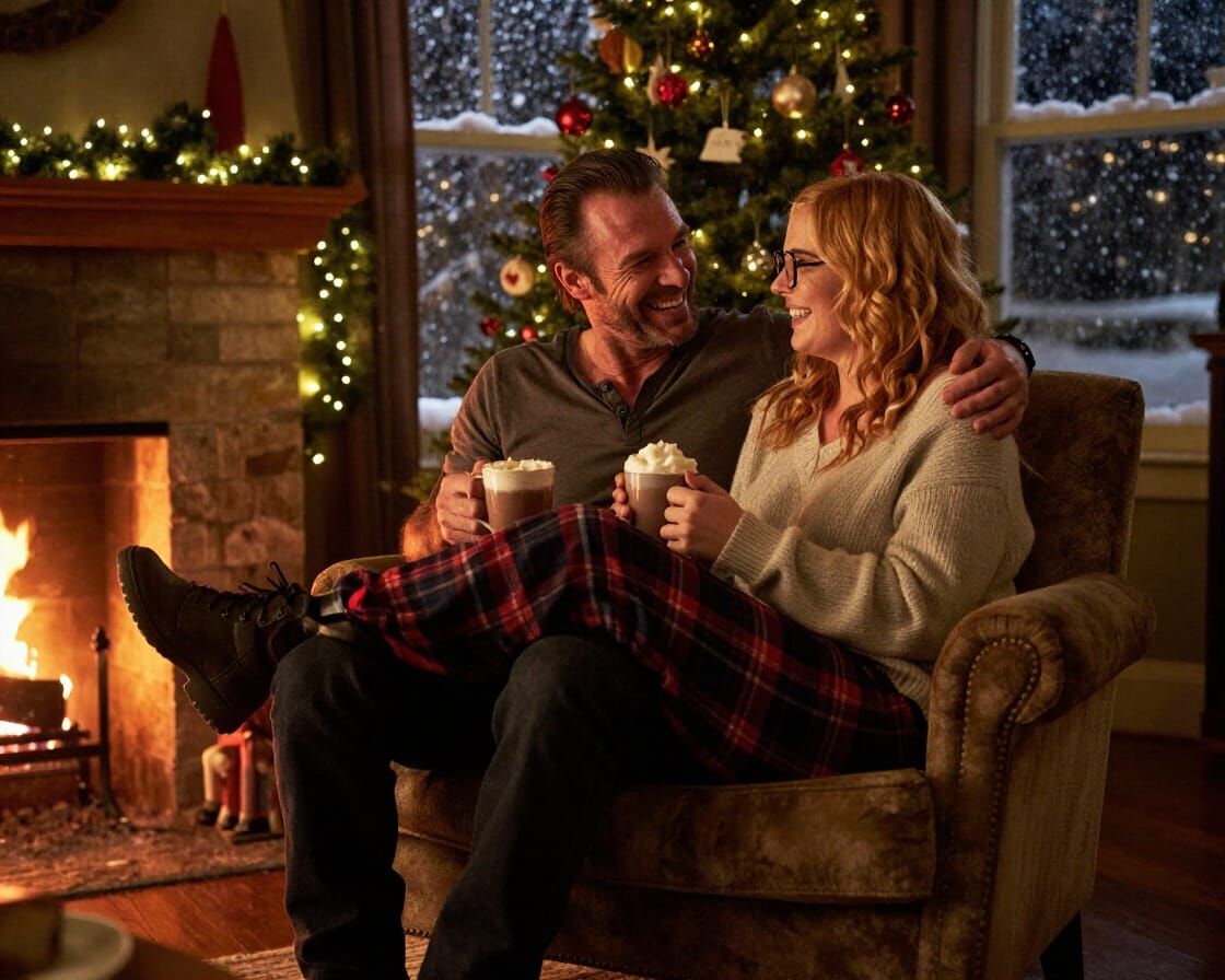 Christmas Living Room Scene with Couple by Fireplace