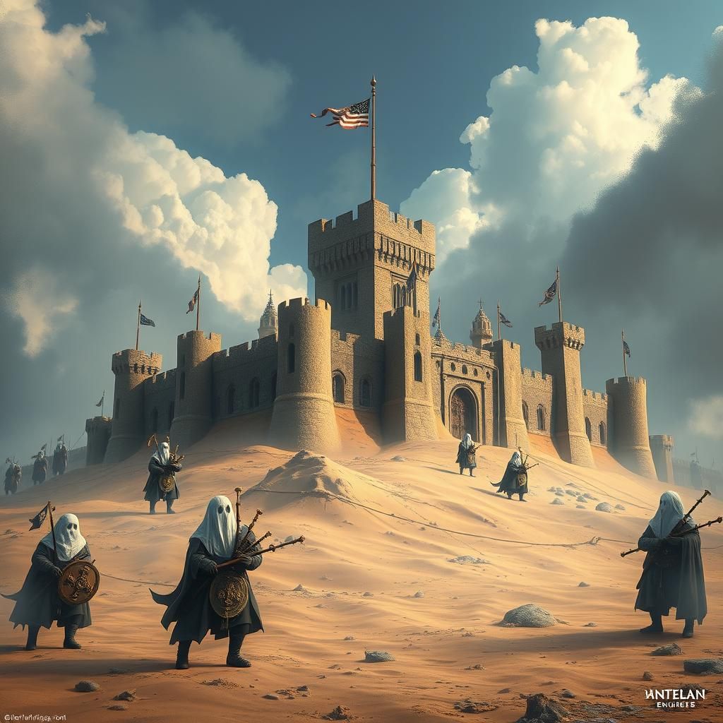 Ghostly Scottish Warriors Defend Sand Castle: Fantasy Art