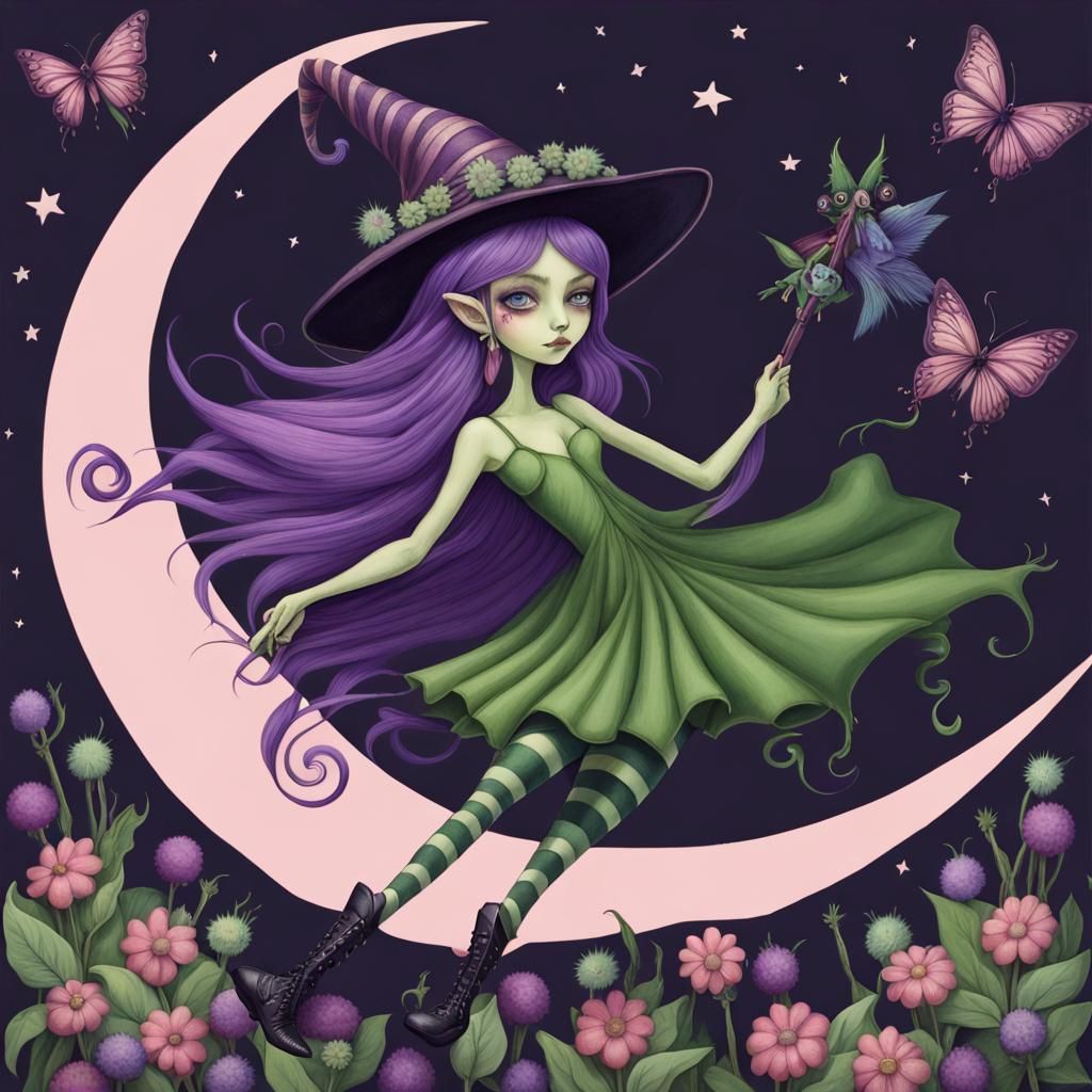 Whimsical Fairy Witch on Broomstick in Fantasy Landscape