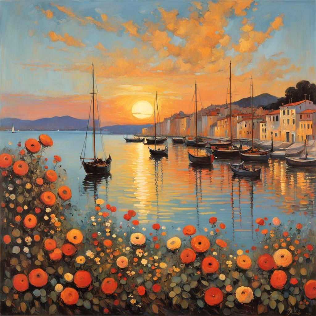 Sunset Over Bay: Art Nouveau Impressionism
