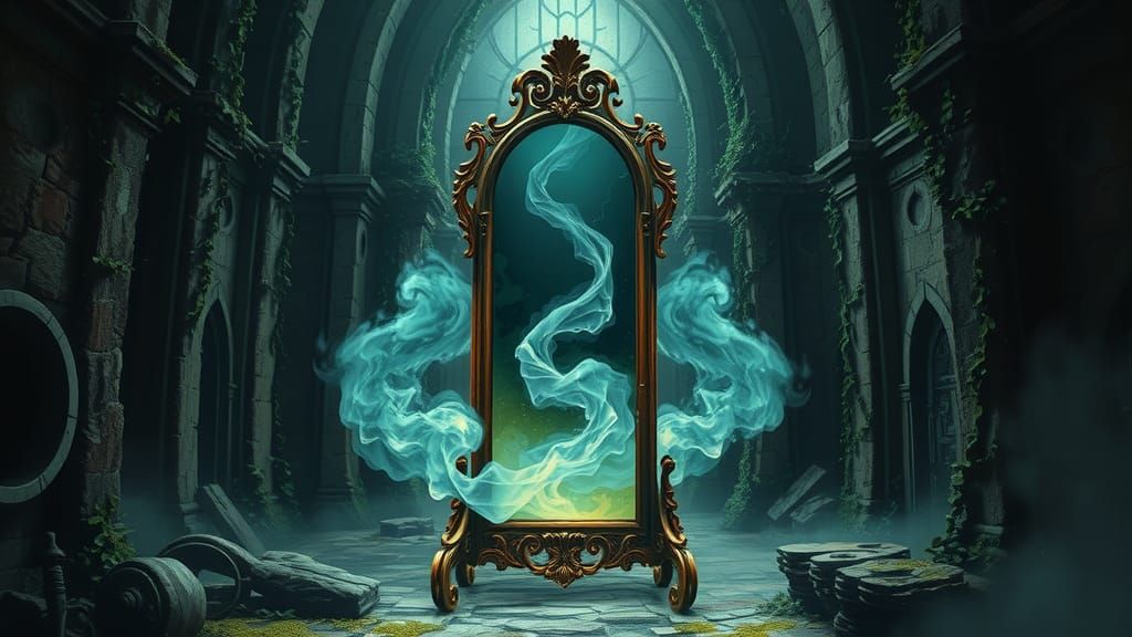 Ethereal Mirror in Gothic Ruins, Fantasy Illustration