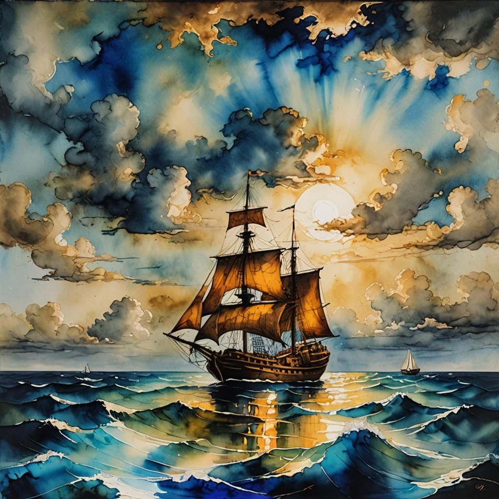 Nostalgic Ocean Sailing as Alcohol Ink Painting