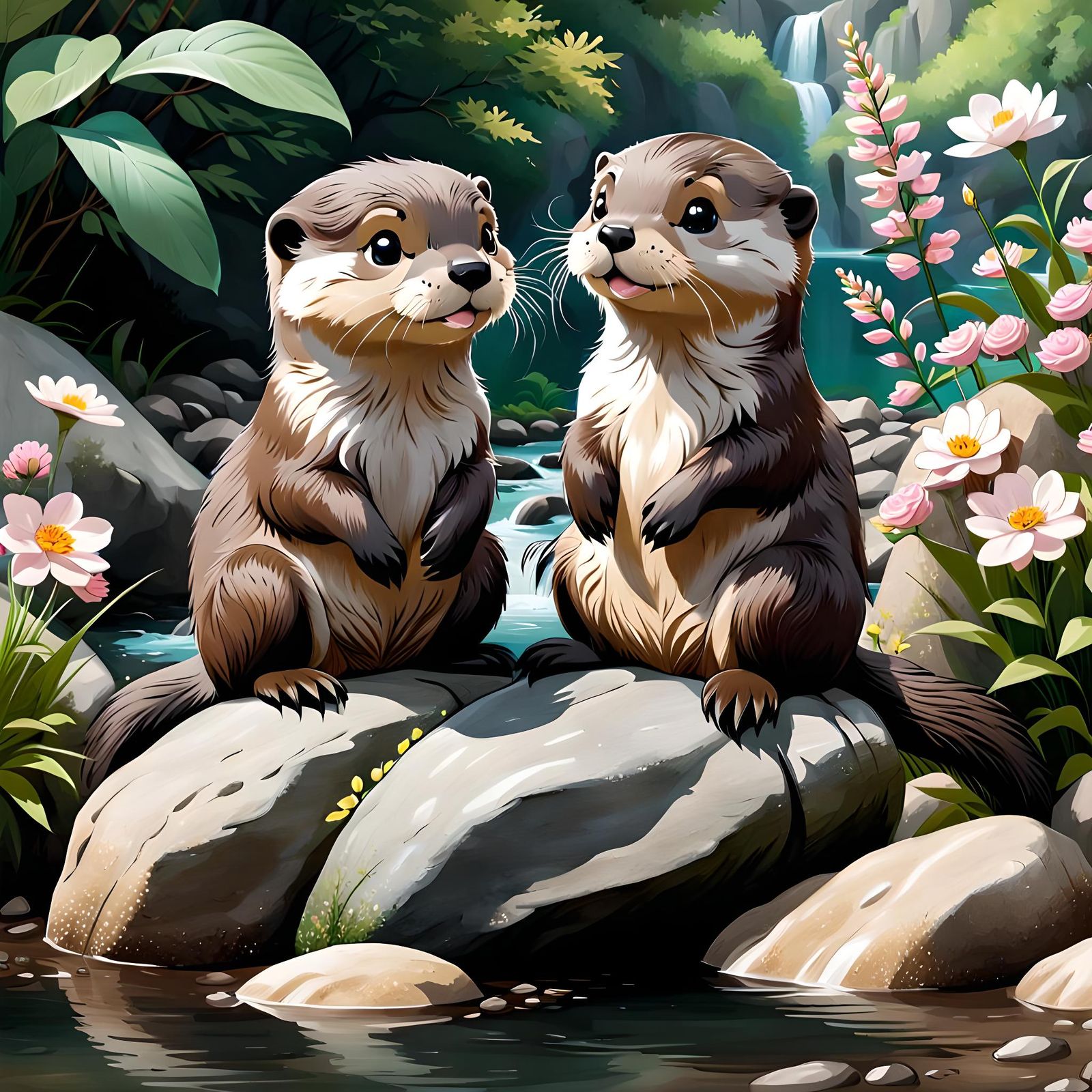 Chibi Otters in Ghibli Nature Background