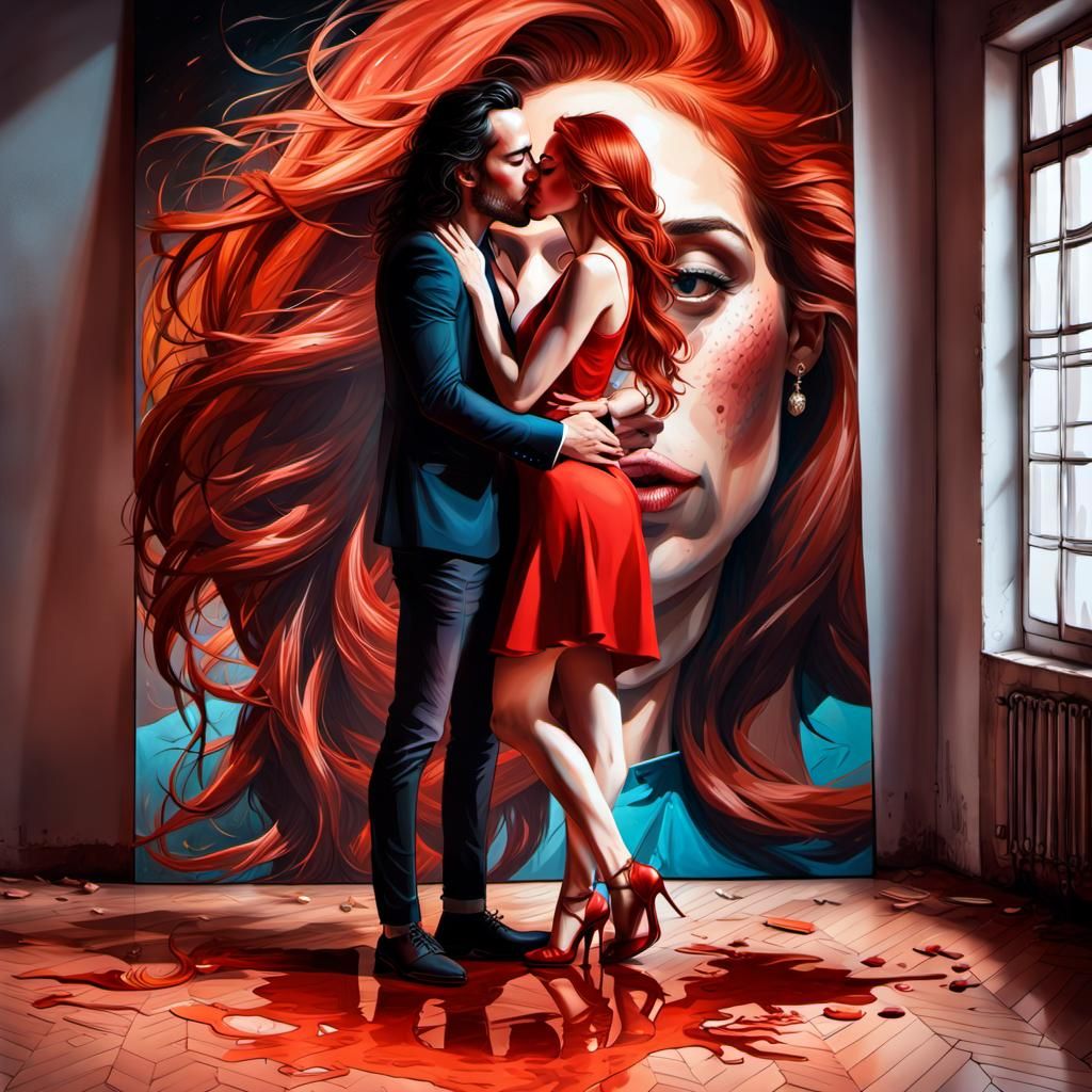 Young Turkish Artist Kissing French Girl, Hyperrealistic