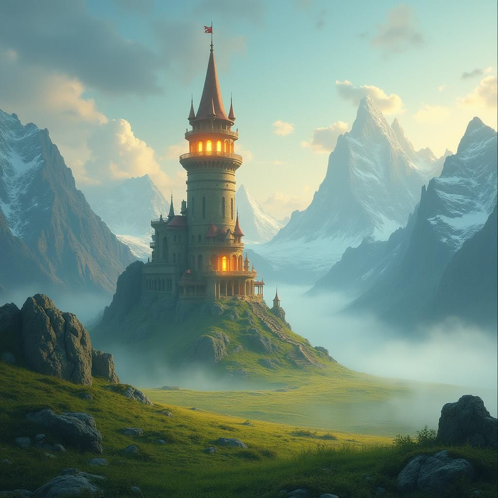 Luminous Mage Tower Amidst Misty Plains