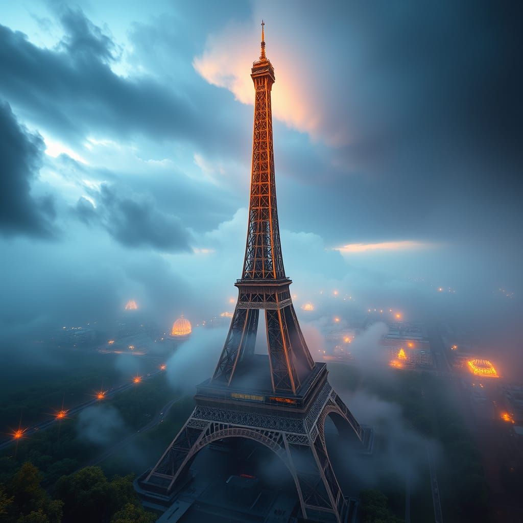 Eiffel Tower in a Dreamlike, Hyperrealistic Aerial Landscape