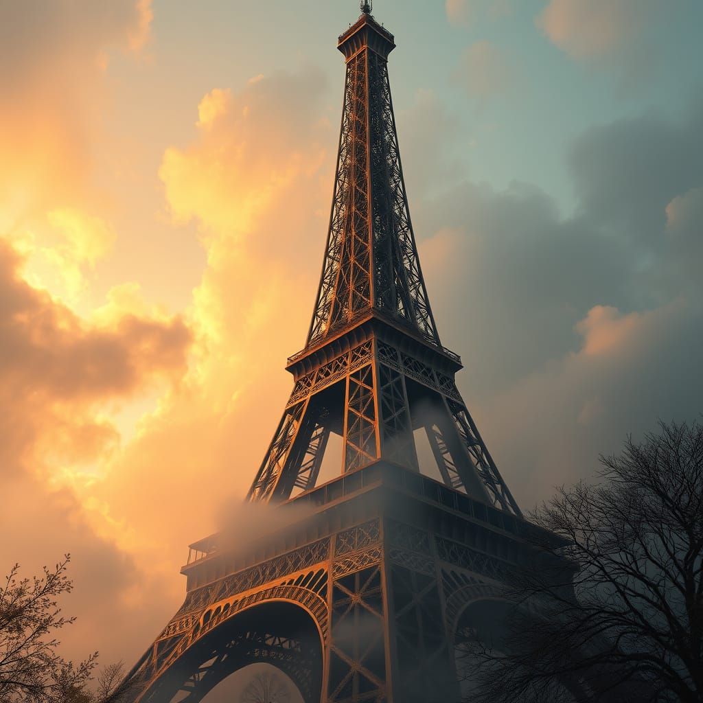 Hyperrealistic Eiffel Tower in a Dreamlike, Golden Light Atm...