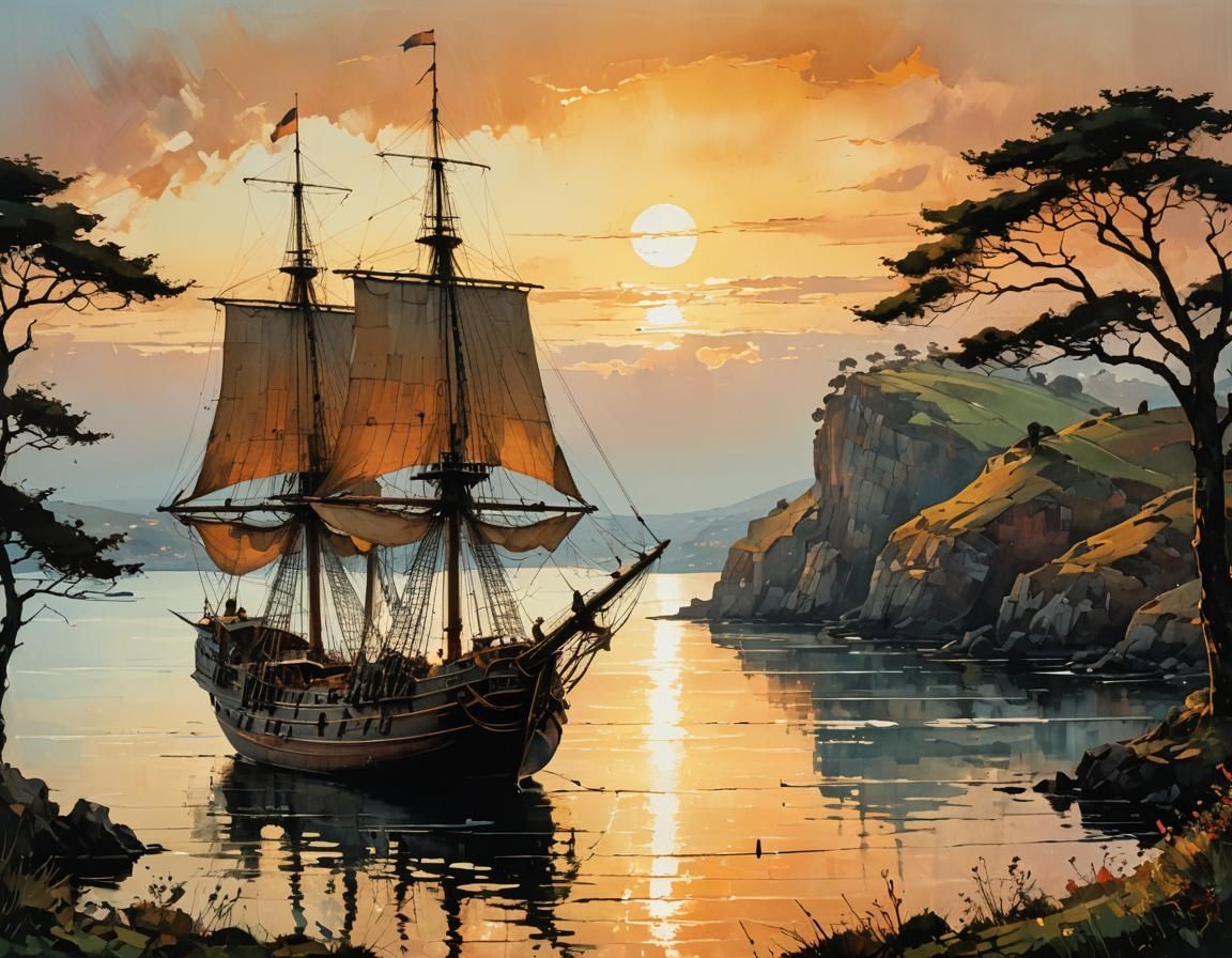 Vibrant Sunset on a Serene Bay in Intricate Style