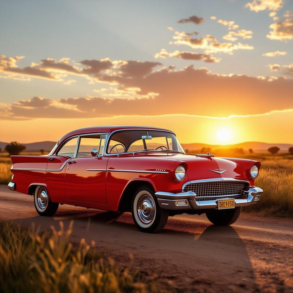 1960 Holden Car on Outback Road at Sunset