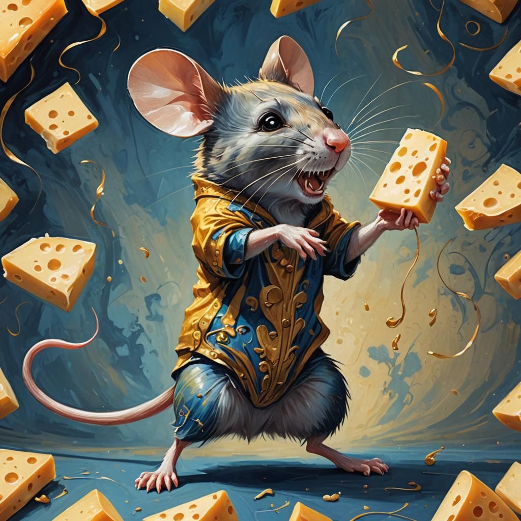 Mouse Dances with Cheese: Whimsical Fantasy Illustration