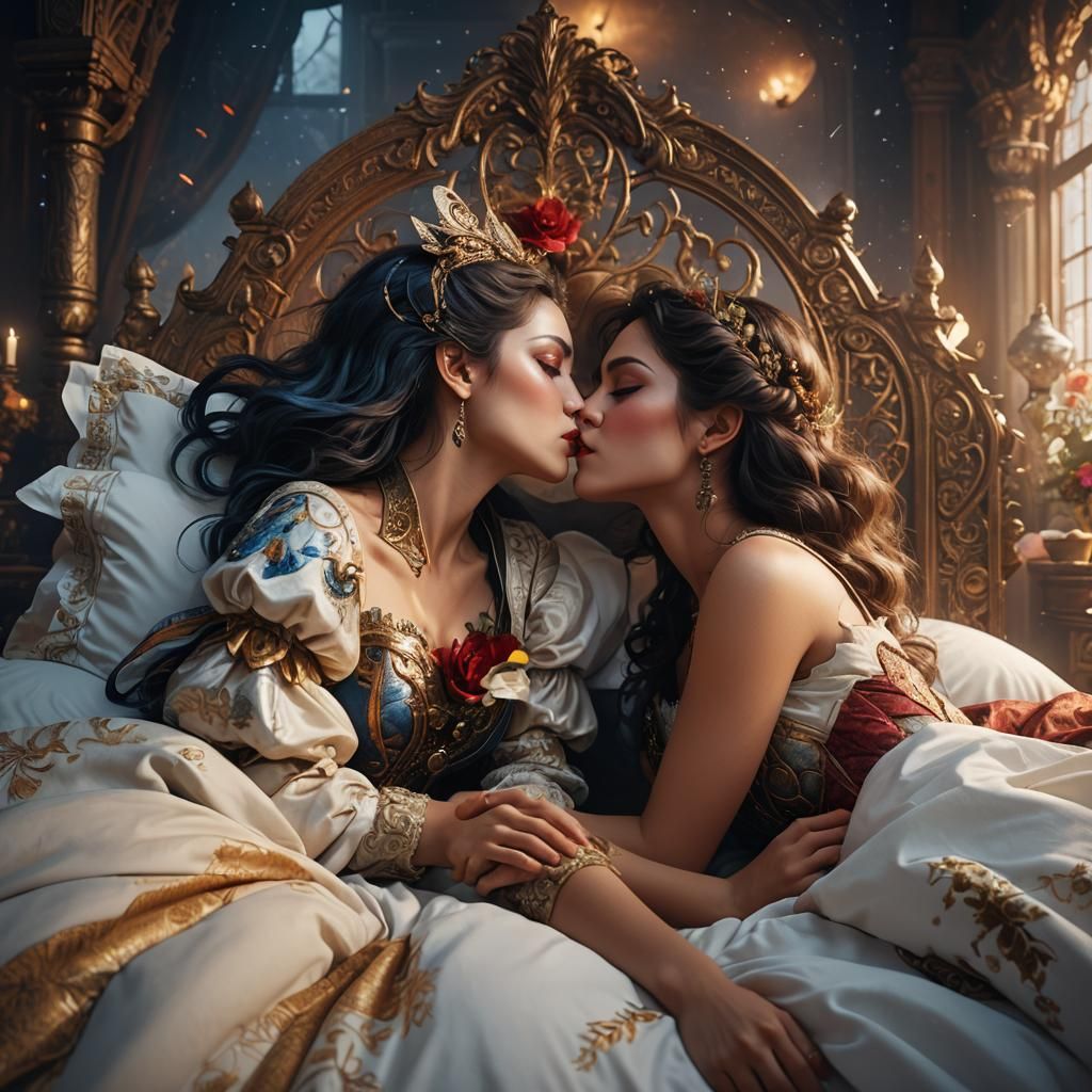 Two Women Kiss in Bed: Fantasy Concept Art