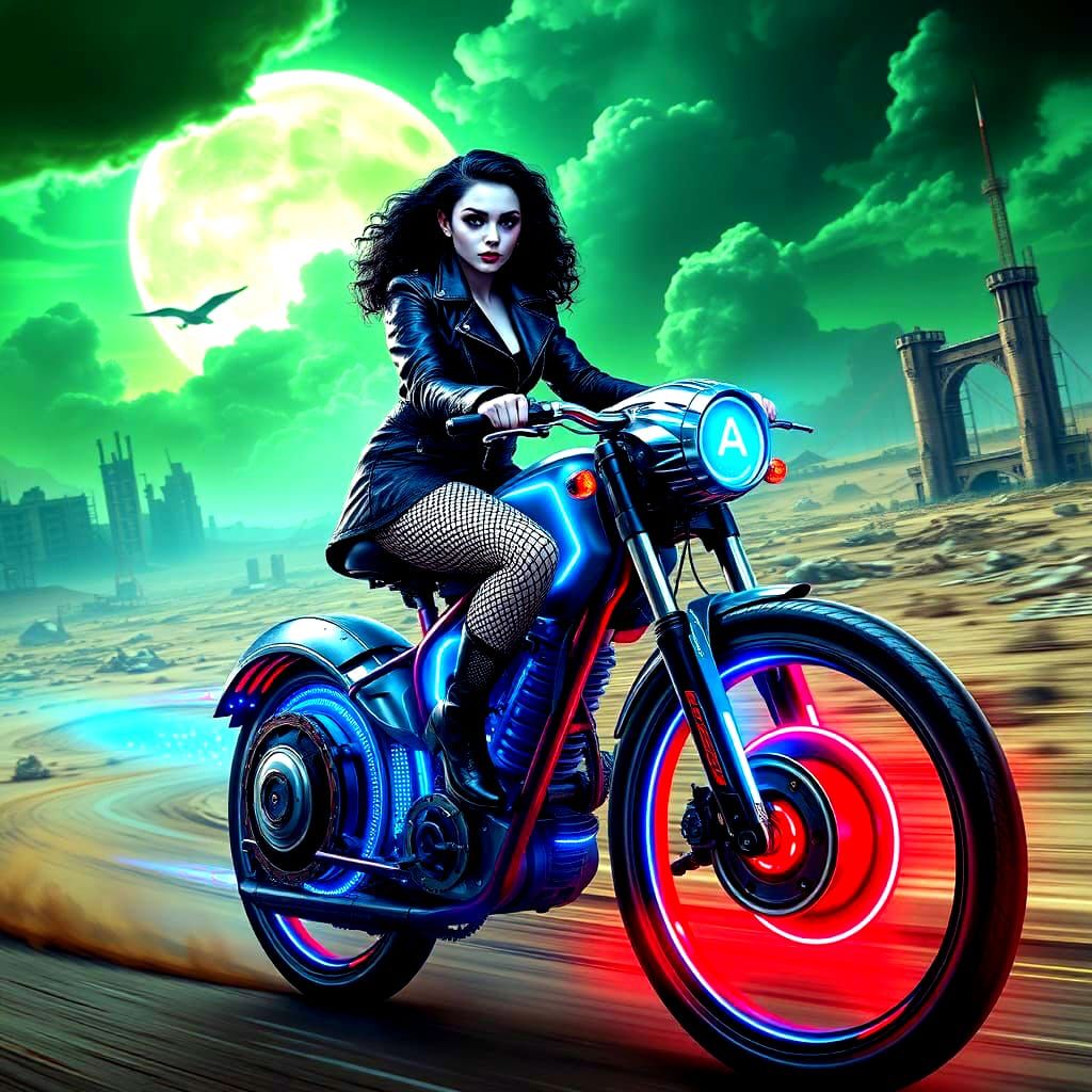 Post-Apocalyptic Gothic Girl Rides Hyperrealistic Nuclear Bi...