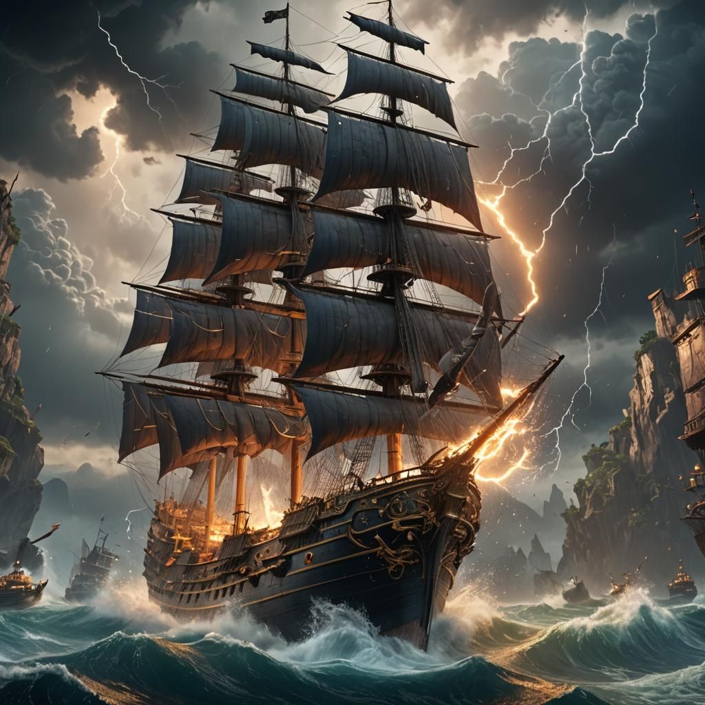 Lightning Strikes Flying Capital Ship: Detailed Matte Painti...