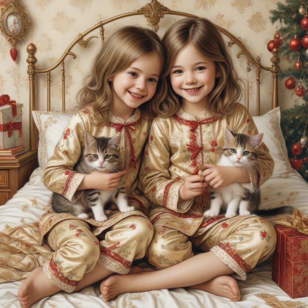 Adorable Christmas Twins in Vintage Pajamas with a Playful K...
