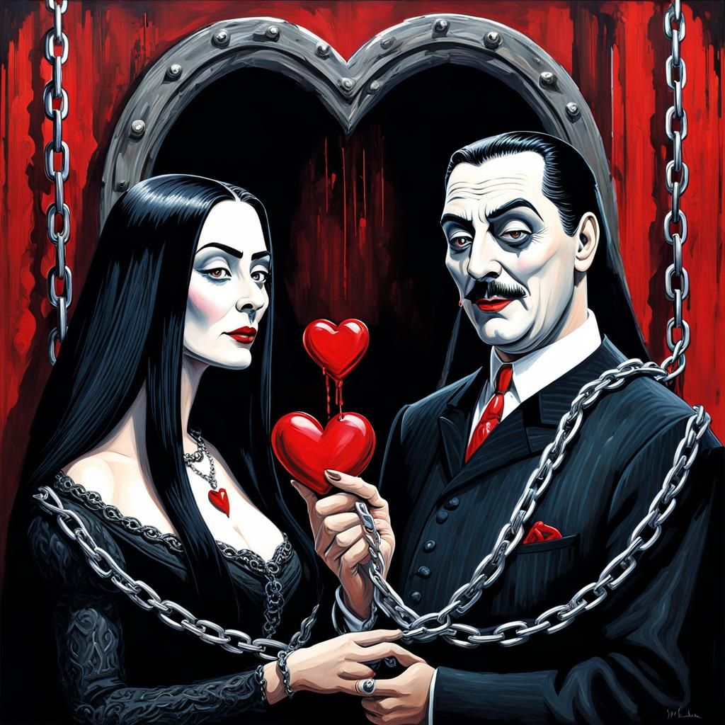 Gomez and Morticia Addams couple  chains of love, heart shap...