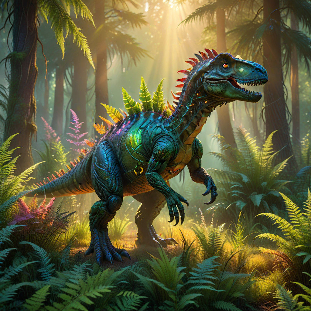 Gemstone Dinosaur Amidst Emerald Mist and Kaleidoscope Color...