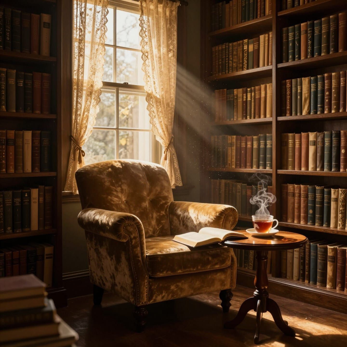 A cozy reading nook inside a private library