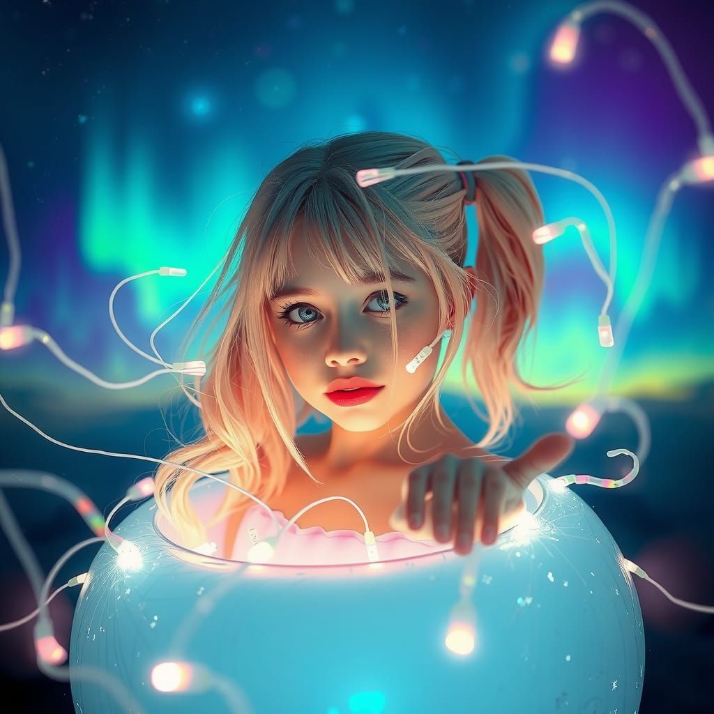 Pastel Hair Girl in Aurora Borealis Dreamscape