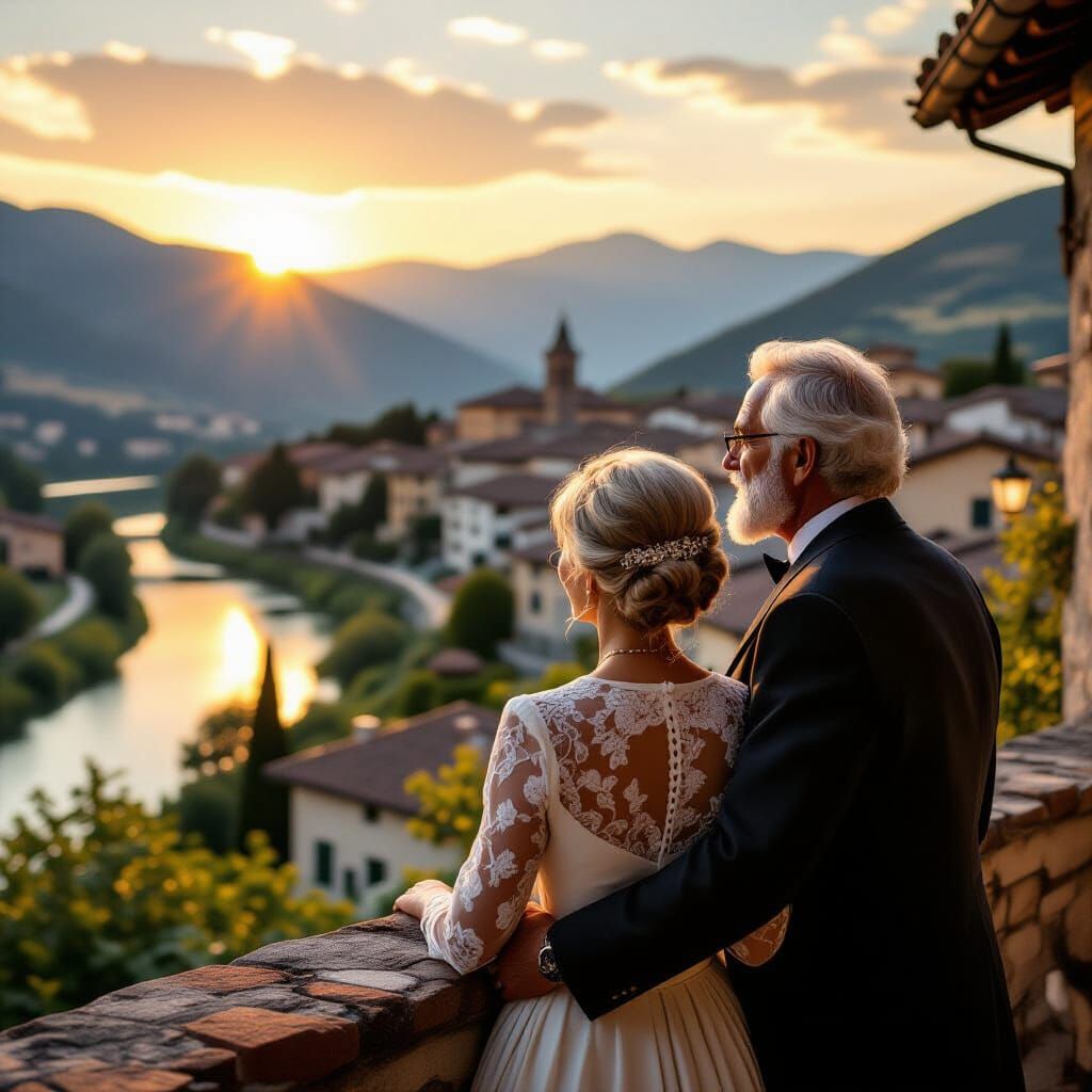 Elderly Couple Overlooking Italian Village at Sunset