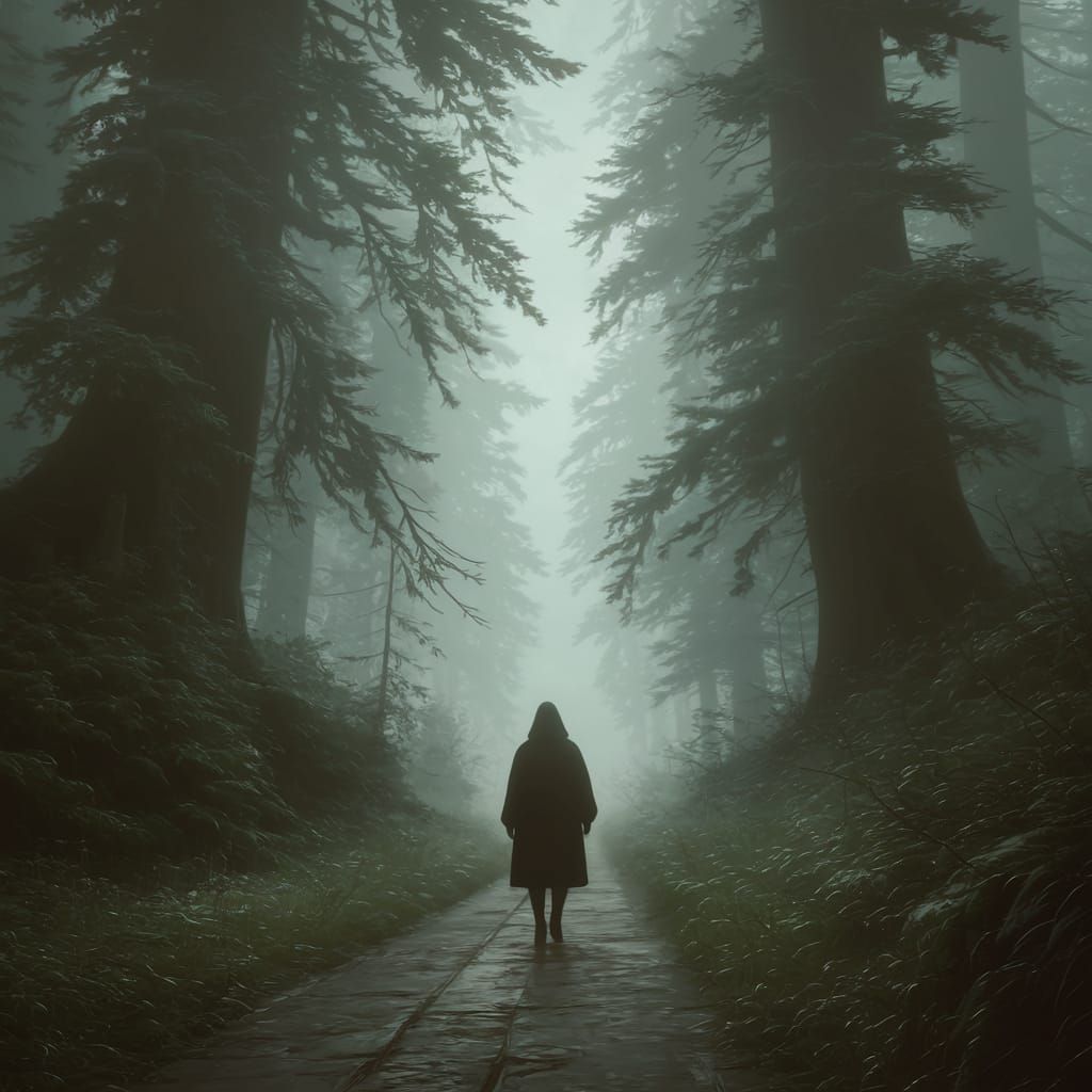 Mysterious Traveler in Foggy Ancient Forest