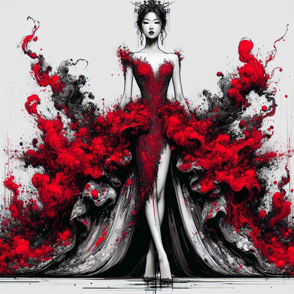 Elegant Woman in Red Ink Dress, Detailed Sketch