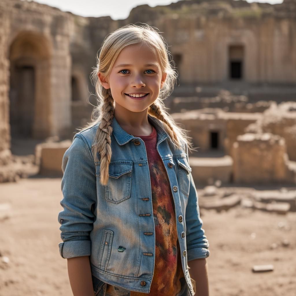 Blonde Girl Visits Archeology Site: Photorealistic Portrait