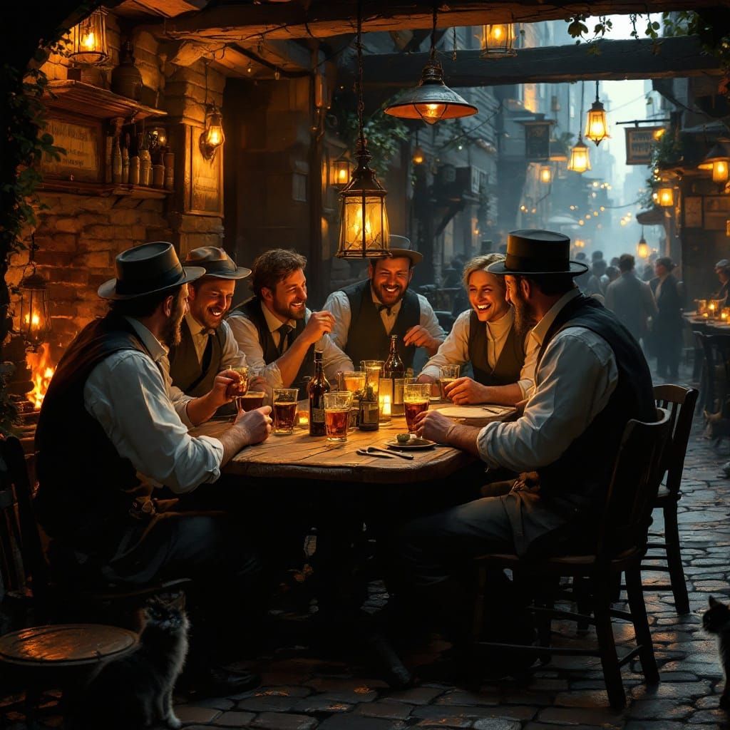 1890s Tavern Scene: Working Class Camaraderie in Warm Light