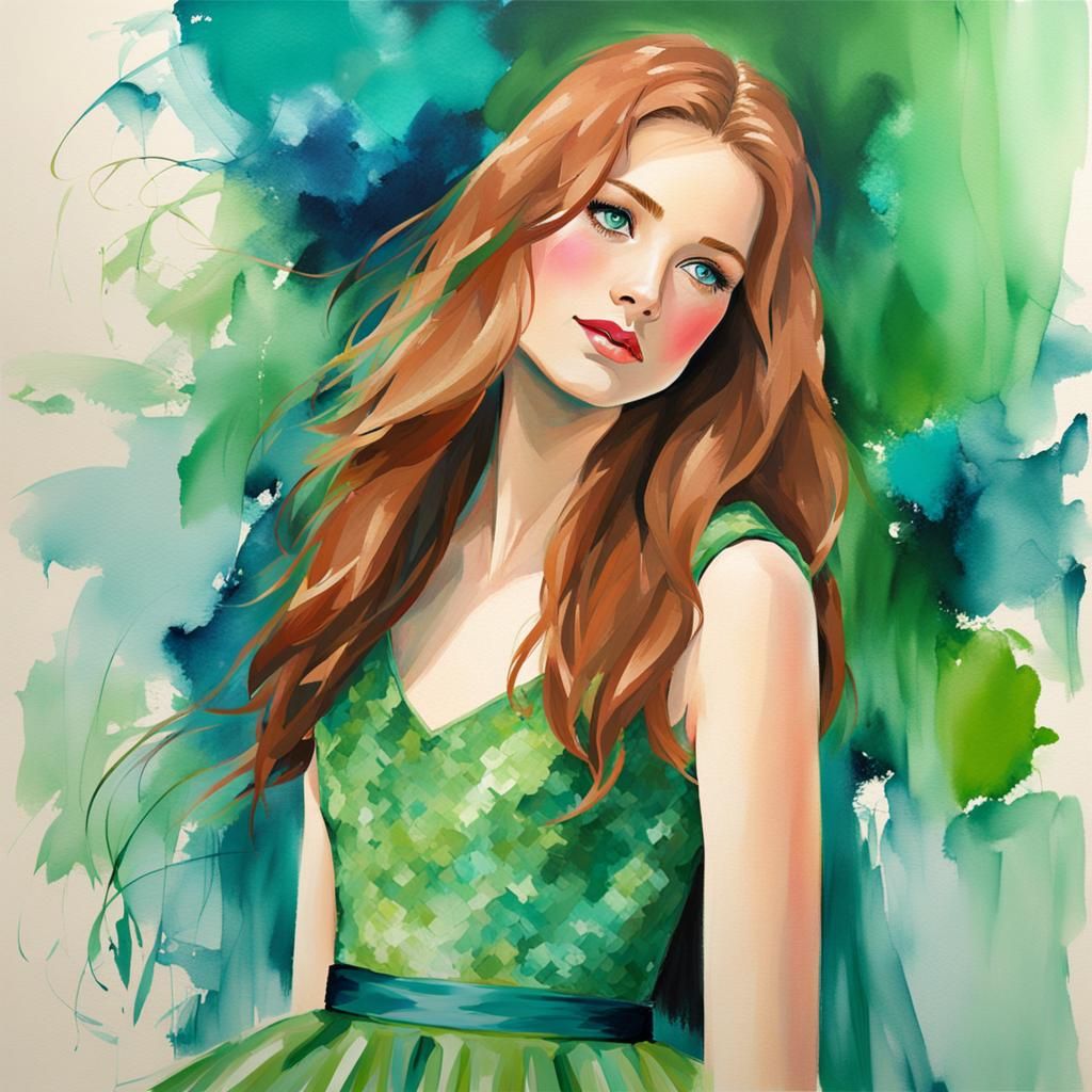 Auburn-Haired Girl in Green Dress, Abstract Art