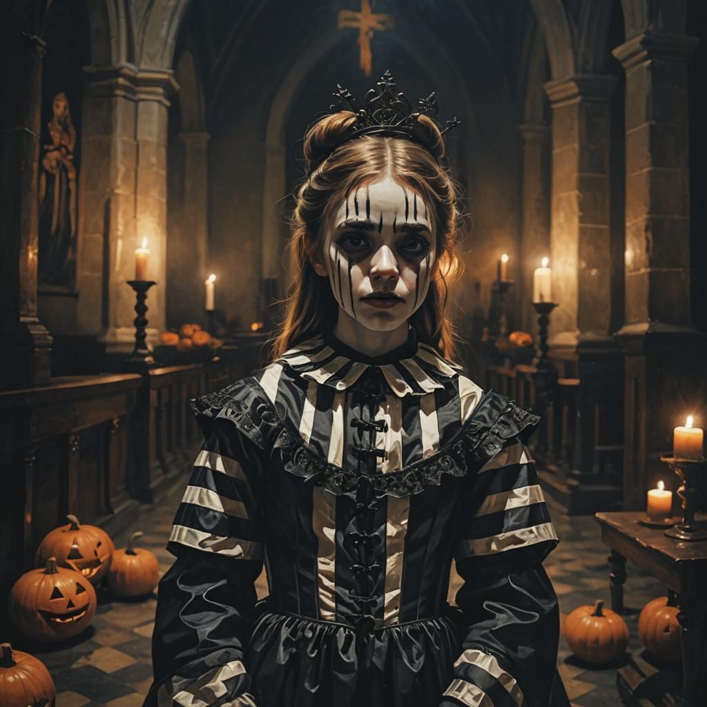 Girl in Striped Costume in Dimly Lit Church