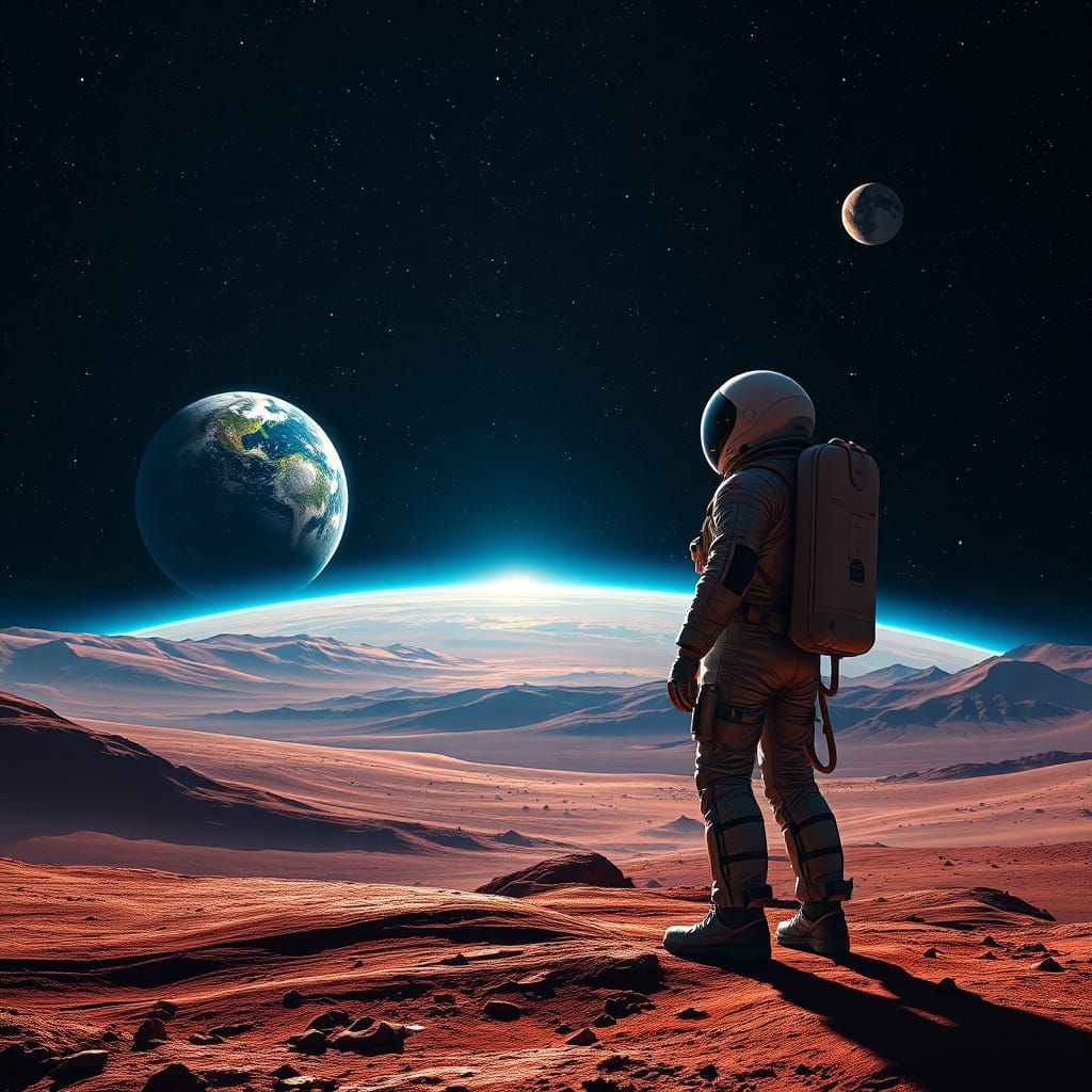 Astronaut on Mars Contemplates the Solar System in Cinematic...