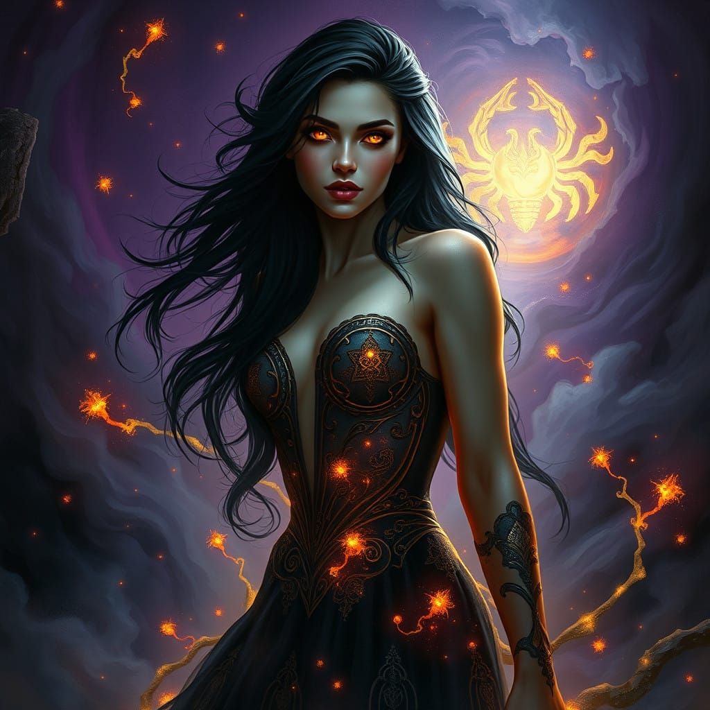 Sensual Scorpio Goddess Radiates Fiery Energy in Dark Fantas...