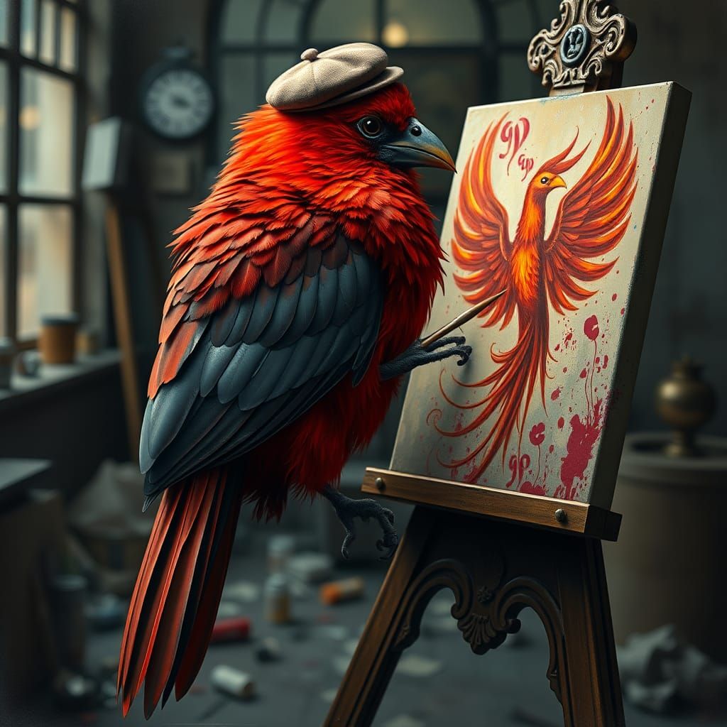 Crimson Bird Painting a Phoenix, Abstract Expressionism
