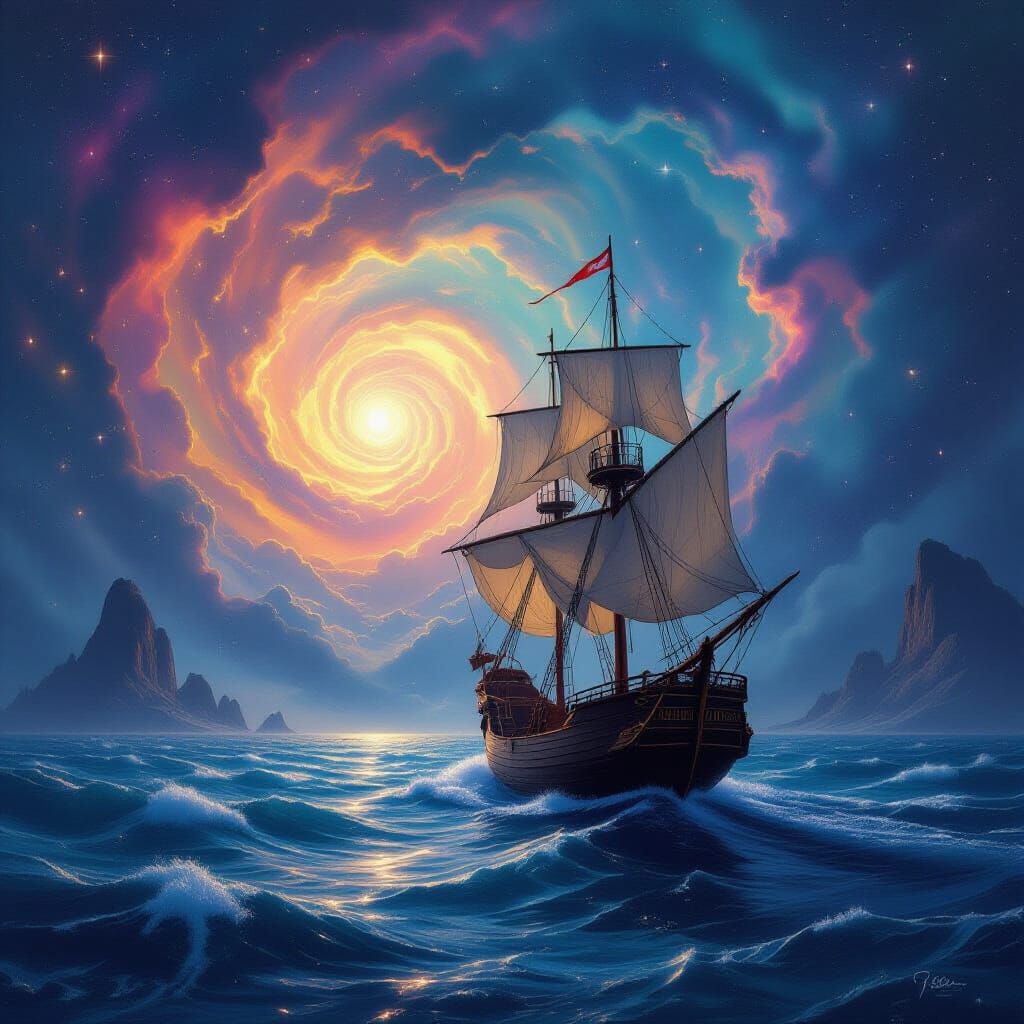 Cosmic Ocean Voyage: Sailing Ship Through Nebulae