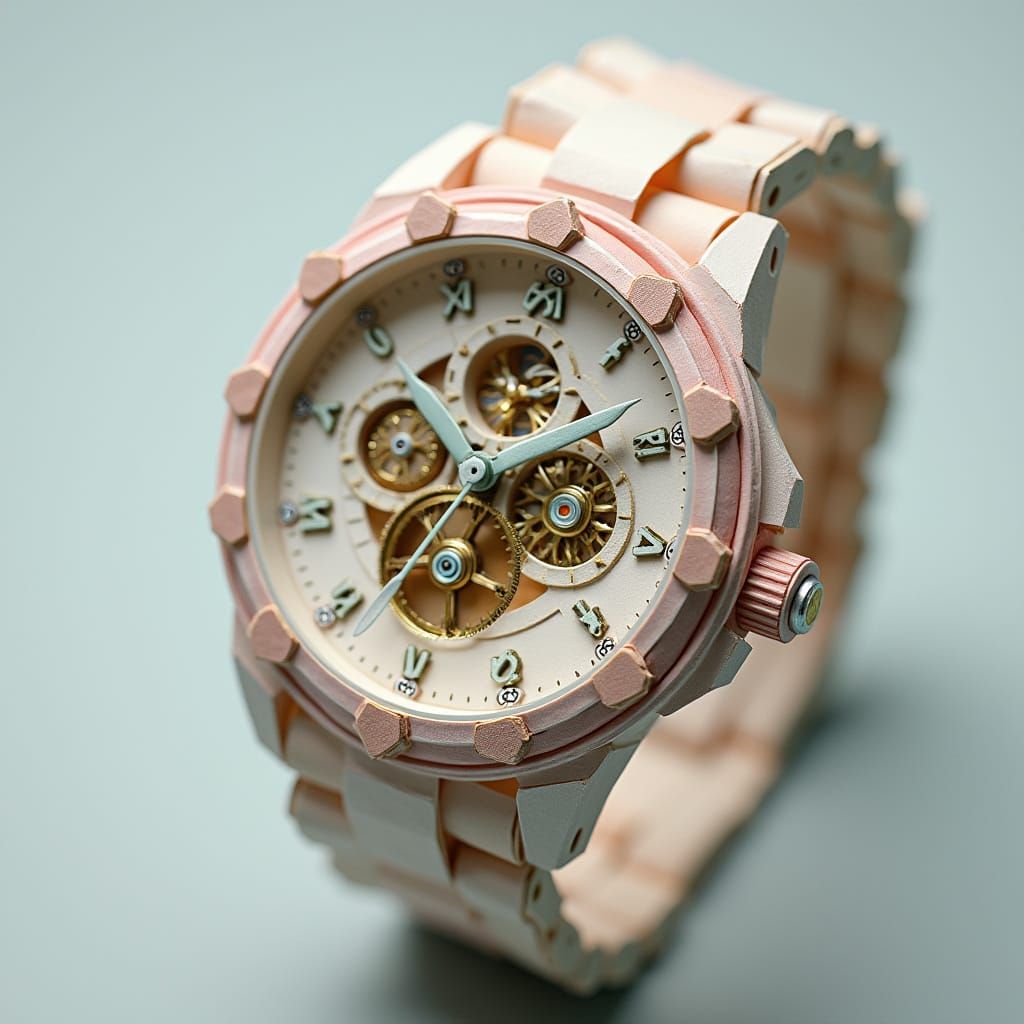 Origami Mechanical Watch Rendered in Papercraft Style