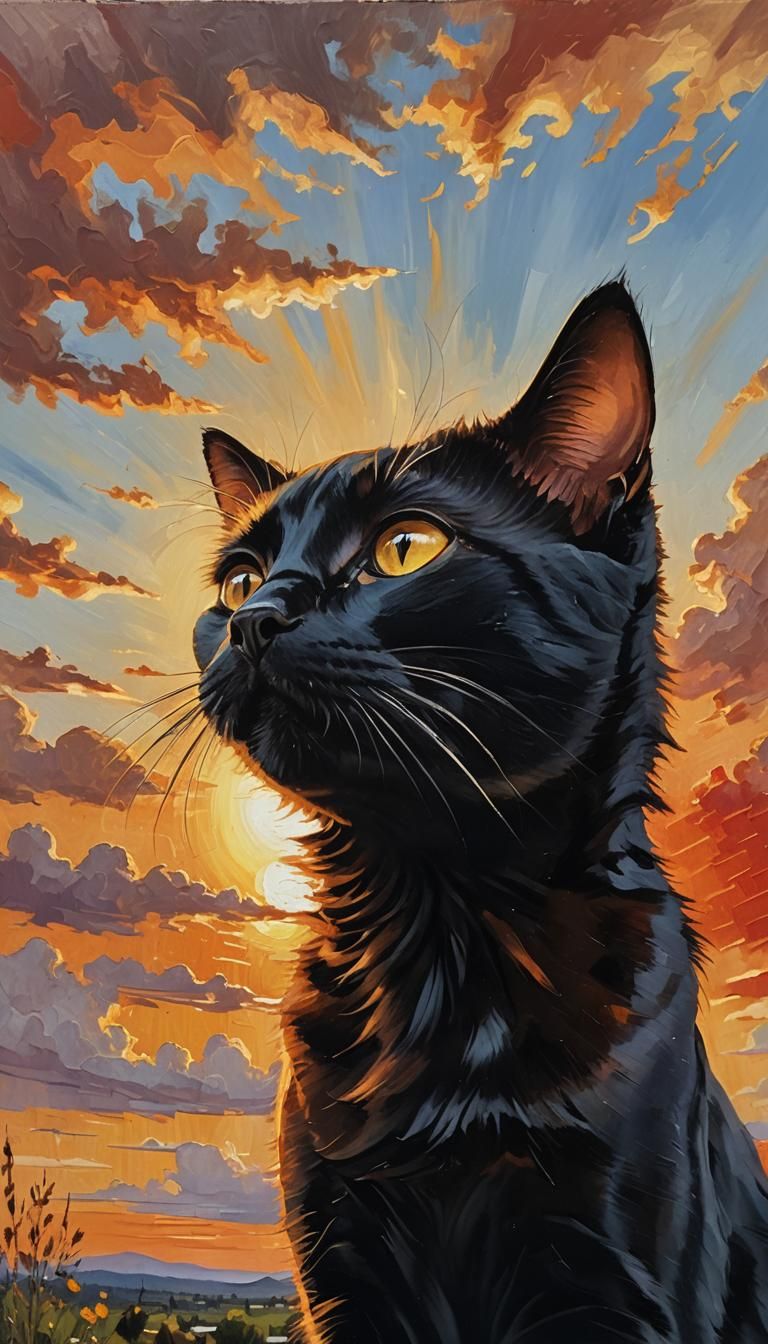 Black Cat Gazing at Sunset: Impressionist Oil Painting