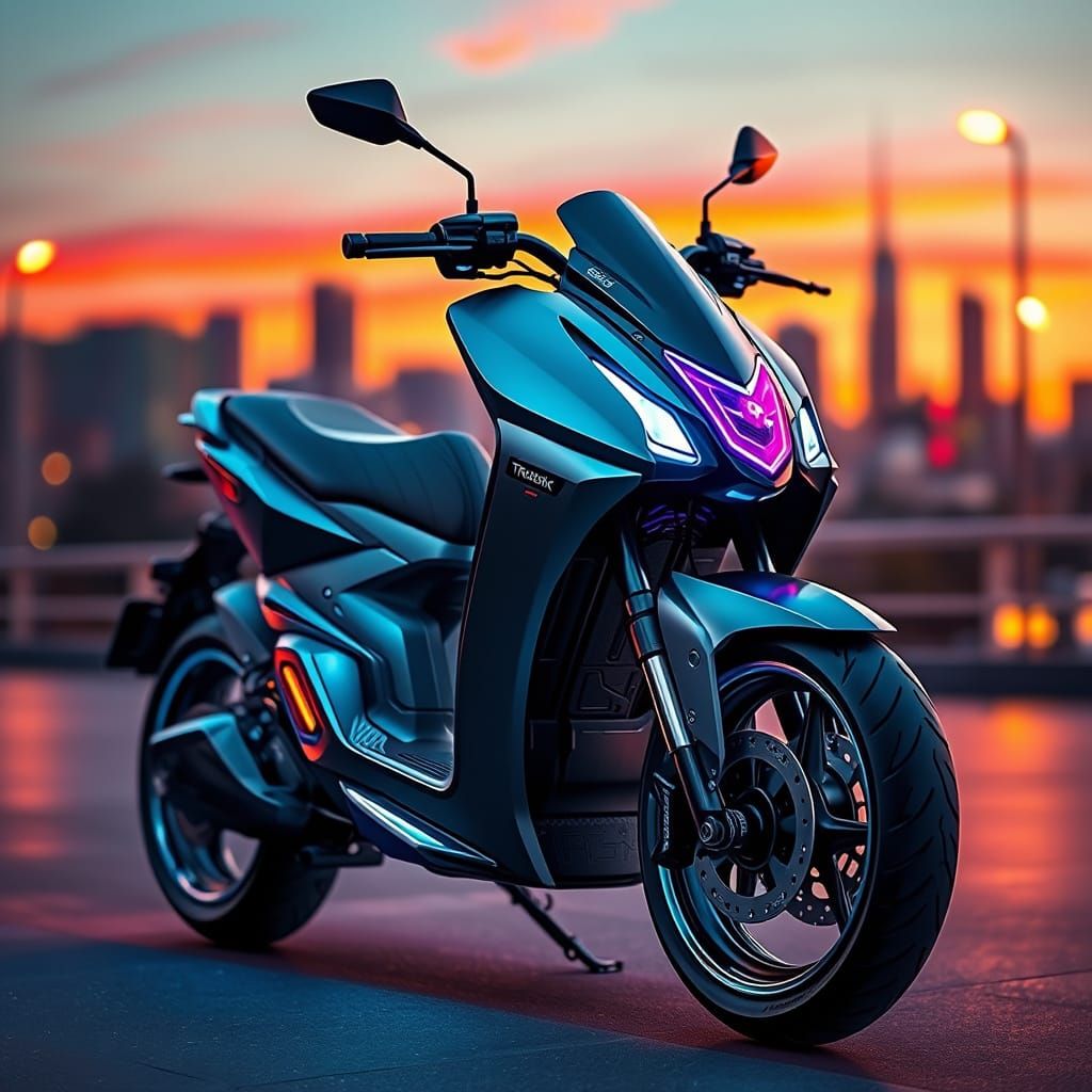 High-Tech Electric Scooter in Neon-Lit Futuristic Cityscape