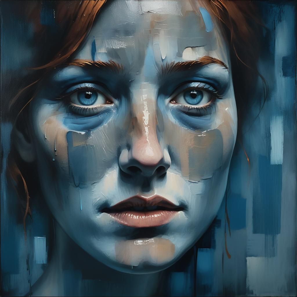 Melancholic Woman with Tears in Abstract Expressionism