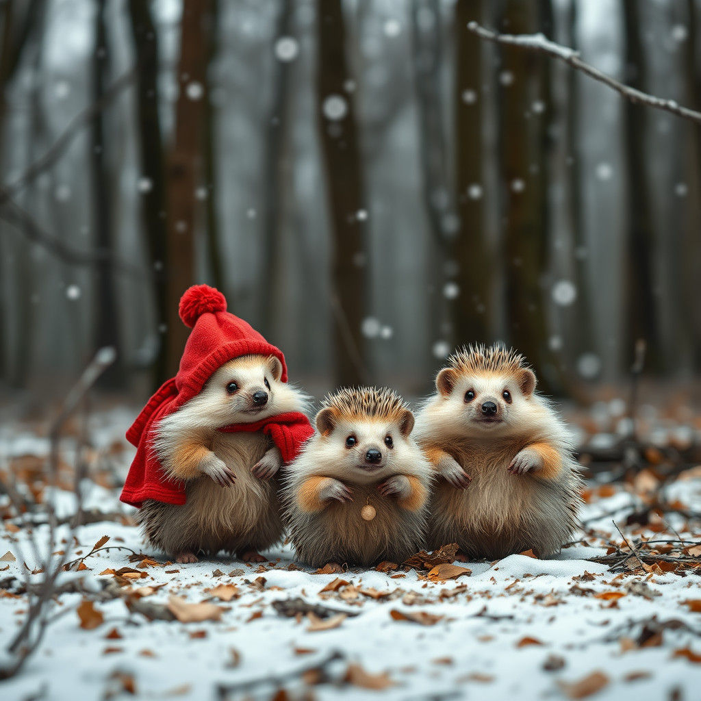 Hedgehogs in Winter Clothing in Snowy Woods